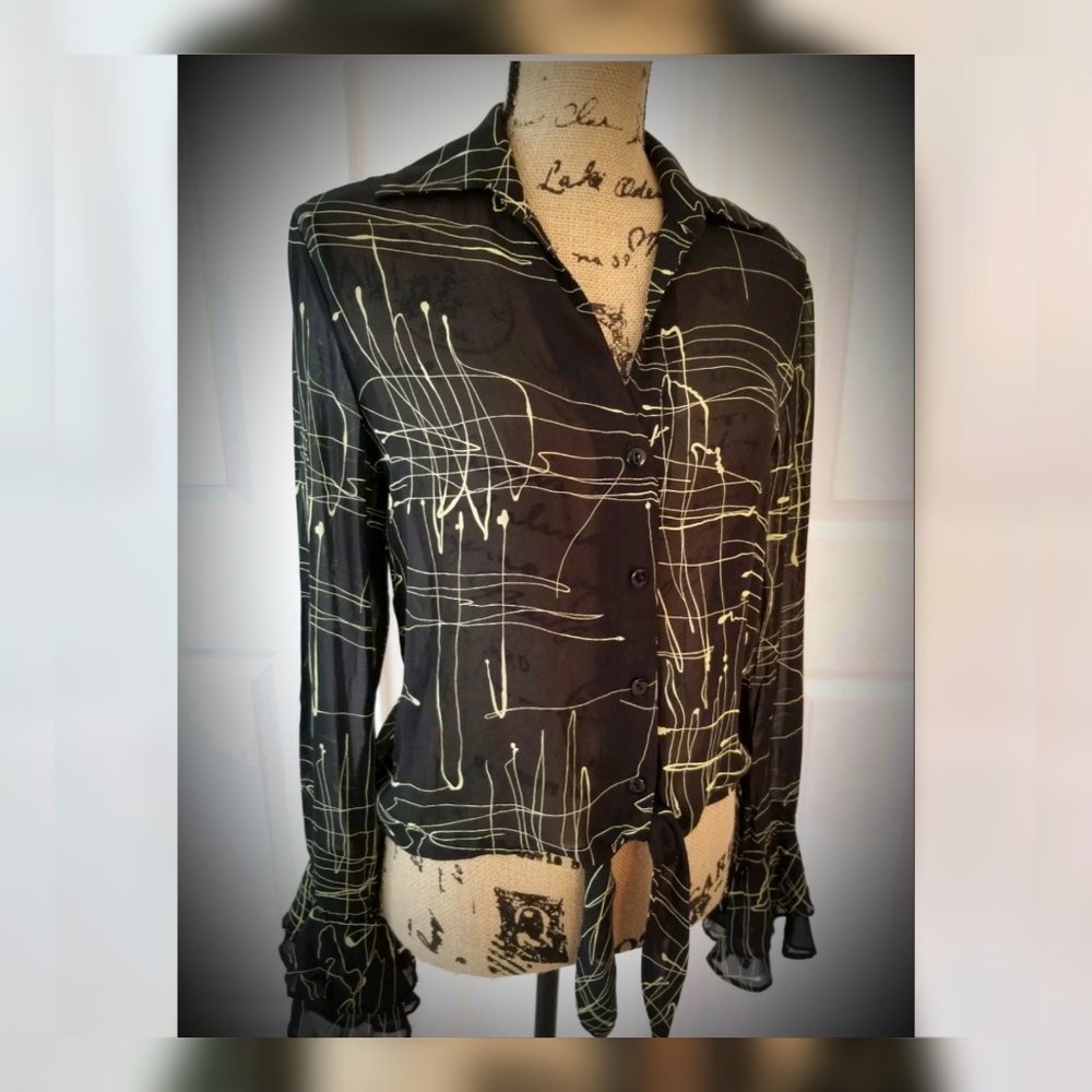 KRAZY LARRY Semi sheer blouse with paint drips,  ruffle cuffs Small